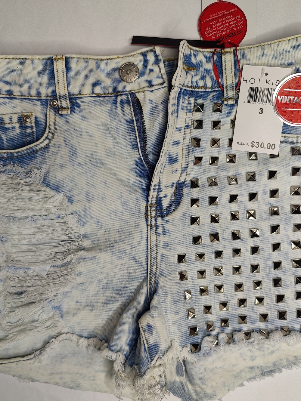 Hot Kiss Acid Wash Light Blue & White Studded Denim Shorts
